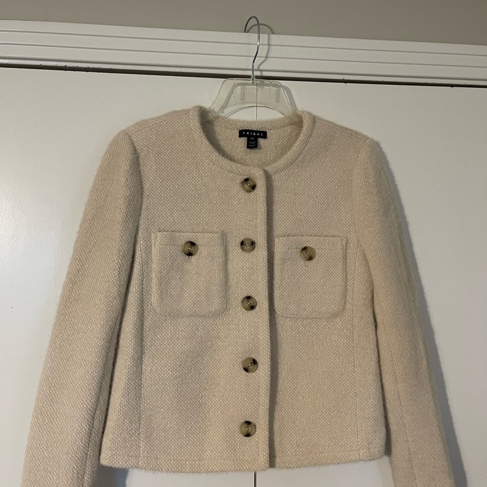 Tribal Cream Tweed Blazer with Button Accents